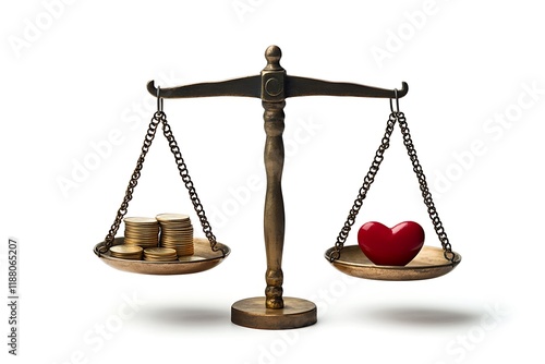 3D rendering of a balance scale of love and money