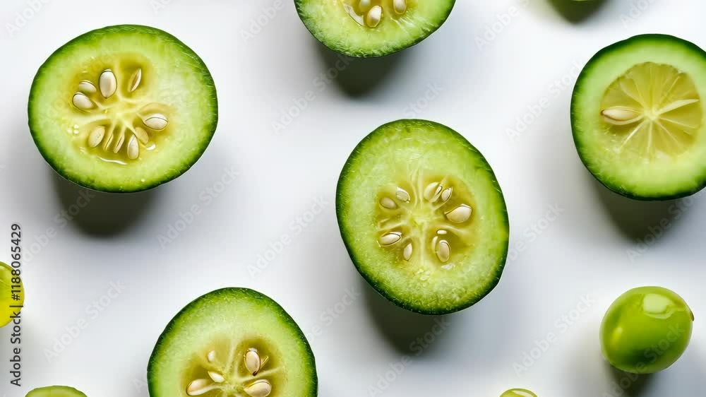 Freshly sliced cucumbers and limes arranged on a clean surface in a bright setting Freshly sliced cucumbers and limes arranged on a clean surface in a bright setting