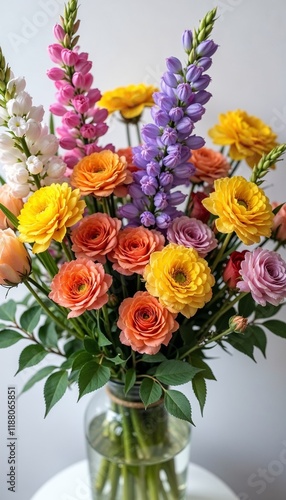 Wallpaper Mural Vibrant flower bouquet featuring roses, snapdragons, and ranunculus in a clear glass vase for cheerful decor Torontodigital.ca