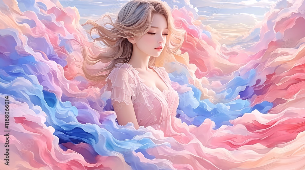 Serene Woman in Pastel Dreamlike Cloudscape Serene Woman in Pastel Dreamlike Cloudscape