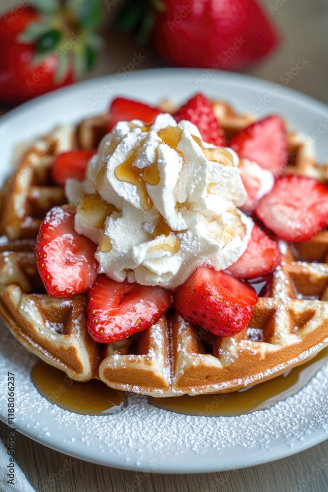 Plate of waffles with strawberries and whipped cream on top. The plate is white and the strawberries are red Plate of waffles with strawberries and whipped cream on top. The plate is white and the strawberries are red