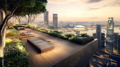 Rooftop garden with city skyline view at sunset.