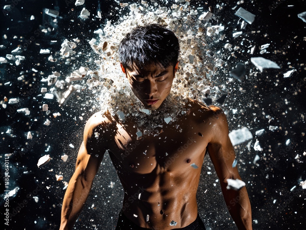 Fototapeta premium Man is standing in a cloud of white powder. The man is bare-chested and has a muscular build. Concept of energy and movement