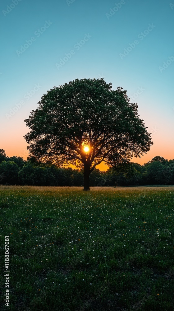 Lone tree silhouette at sunset in a meadow, forest background. Lone tree silhouette at sunset in a meadow, forest background.