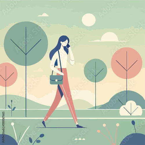 beautiful woman walking in landscape vector illustration design