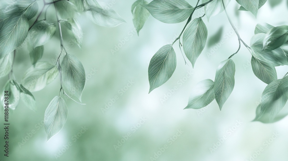 Obraz premium Soft focus image of green leaves on branches against a blurred background.