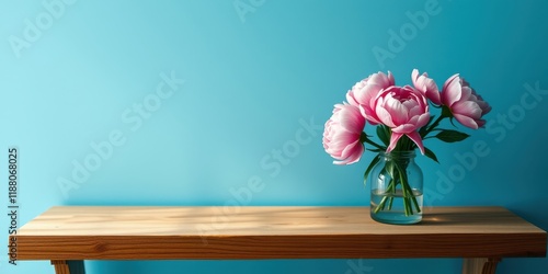 Fototapeta Naklejka Na Ścianę i Meble -  Pink peonies in a clear glass vase on a wooden shelf against a blue background.