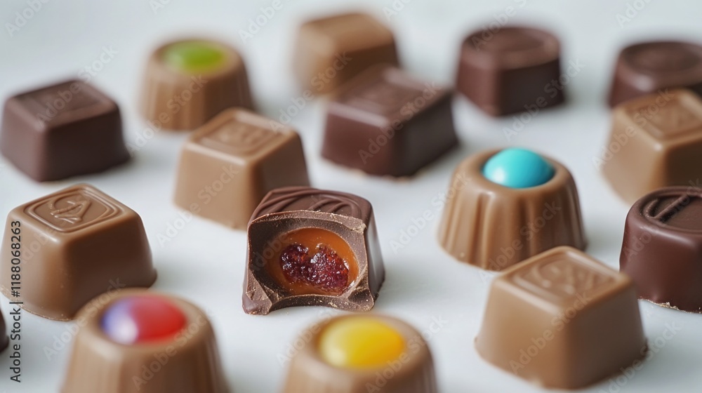 Close up of a variety of chocolate candies with one of them having a hole in it Close up of a variety of chocolate candies with one of them having a hole in it