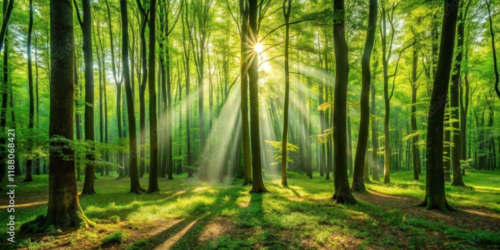 Naklejka premium Warm sunlight filtering through leaves and branches in a dense green forest, casting dappled shadows on the forest floor, with trees towering above , leafy greens, trees