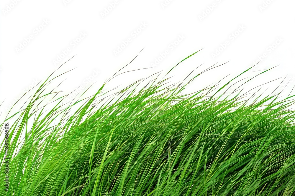 Obraz premium A close-up of fresh grass bending in the breeze, the natural movement highlighted against the simple white backdrop.