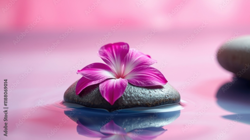 A delicate pink flower resting gracefully atop a smooth, gray stone floating in a tranquil body of water, reflecting the soft, pink hue of the surrounding environment.