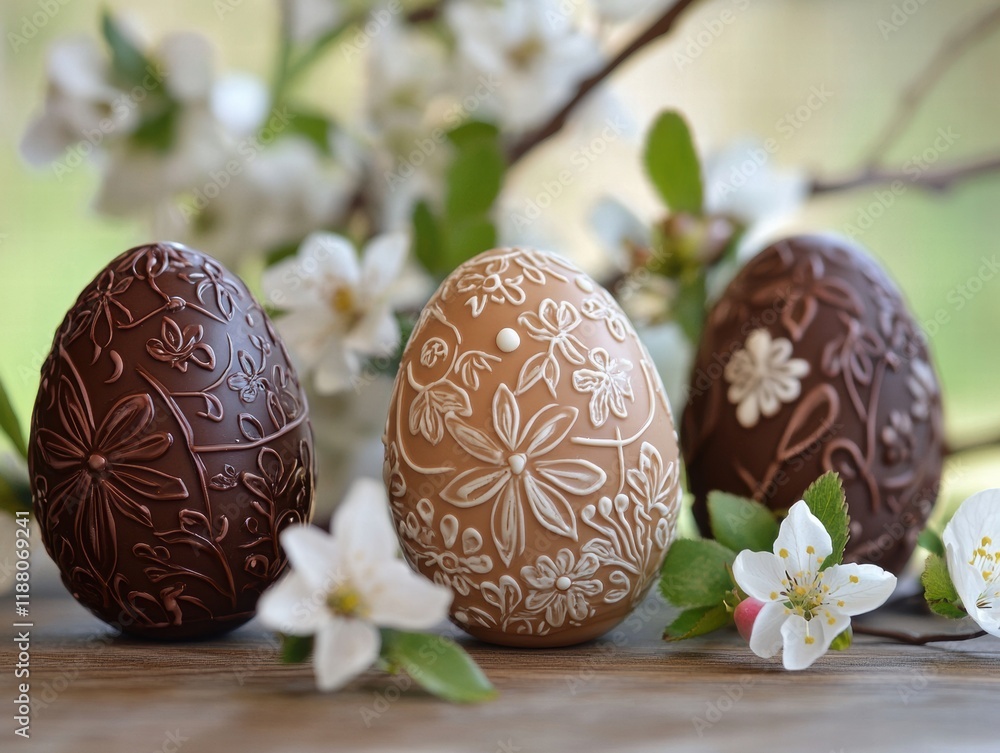 Three chocolate Easter eggs with flowers on them are sitting on a wooden table Three chocolate Easter eggs with flowers on them are sitting on a wooden table