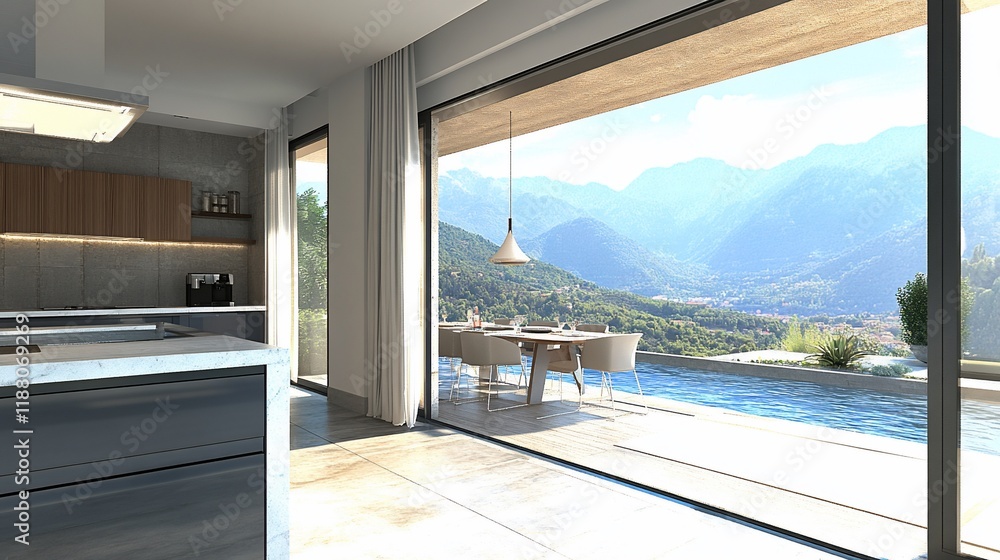 Fototapeta premium Modern kitchen opens to patio, pool, mountain view.