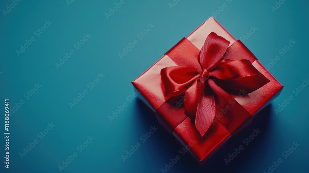 A festive gift box with a red satin ribbon and bow on a bright blue backdrop, perfect for creating a clean, stylish concept with copy space for promotions. A festive gift box with a red satin ribbon and bow on a bright blue backdrop, perfect for creating a clean, stylish concept with copy space for promotions.