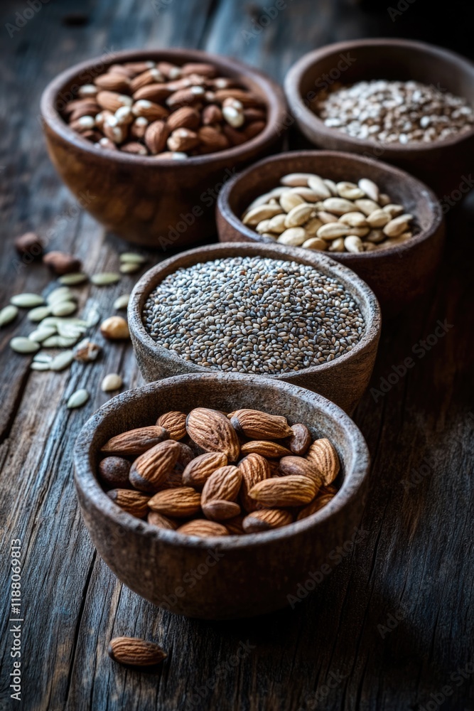 Wooden table with four bowls of different nuts and seeds. The bowls are arranged in a row, with the first bowl containing almonds and the last bowl containing sesame seeds Wooden table with four bowls of different nuts and seeds. The bowls are arranged in a row, with the first bowl containing almonds and the last bowl containing sesame seeds