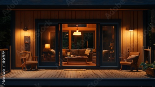 Wallpaper Mural Cozy cabin porch at night, inviting interior visible through open glass doors. Torontodigital.ca