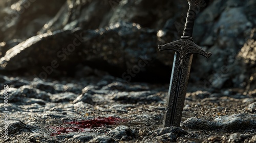 Dark Fantasy Scene with Sword Embedded in Bloodied Ground