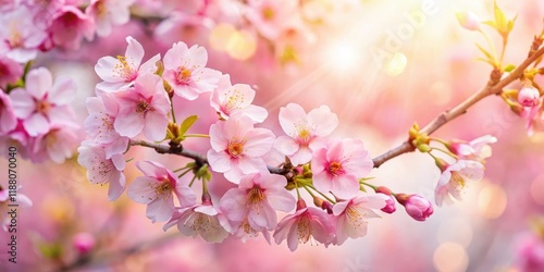 Vibrant pink cherry blossoms against a soft white background with delicate golden light filtering through , blossom garden, blooming flowers