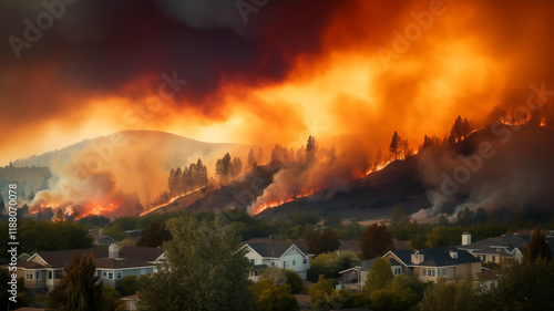 Dangerous Forest Fire Approaching Suburban Homes with Dramatic Orange Sky and Smoke Billowing Over Mountain Range During Sunset