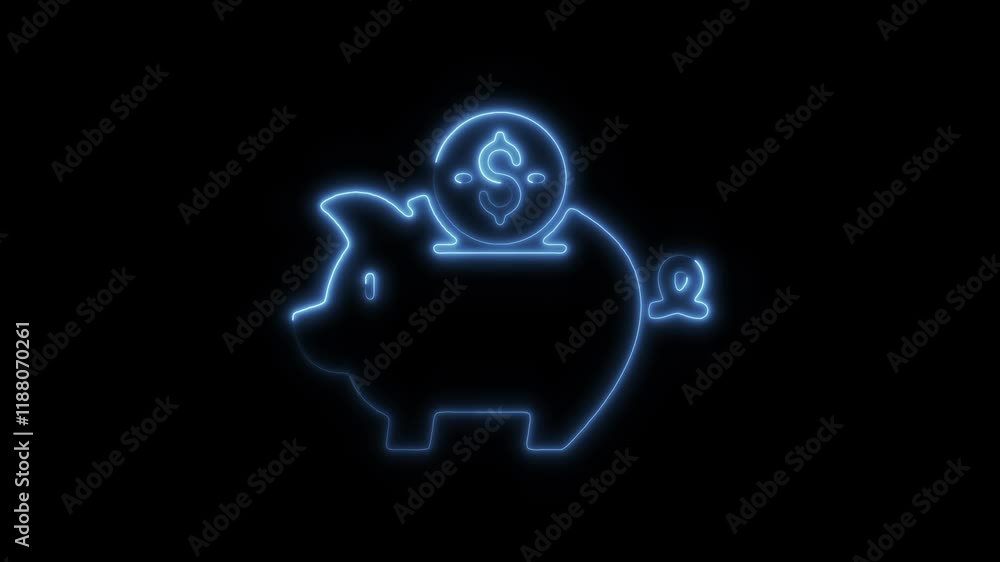 Glowing Neon Savings Icon Animation on Black Background, HD Motion Graphic Representing Financial Security, Budgeting, and Investment