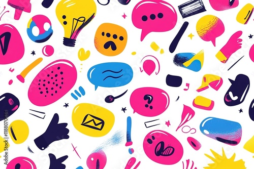 Bright seamless pattern with colorful speech bubble, words and symbols. Wallpaper for teenagers