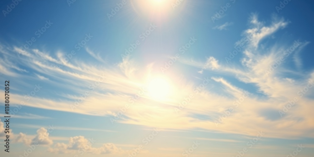 Obraz premium A bright sun shines through feathery clouds, casting a warm glow on the blue sky