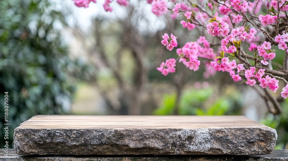 Wooden slab on stone base with blurred cherry blossoms background. Wooden slab on stone base with blurred cherry blossoms background.