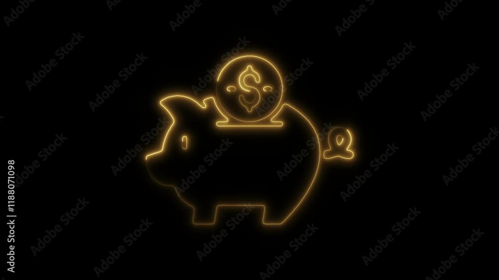 Glowing Neon Savings Icon Animation on Black Background, HD Motion Graphic Representing Financial Security, Budgeting, and Investment Glowing Neon Savings Icon Animation on Black Background, HD Motion Graphic Representing Financial Security, Budgeting, and Investment