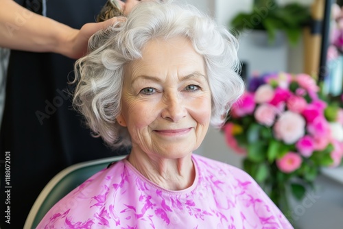 Elderly Woman Smiling at Hair Salon with Floral Background