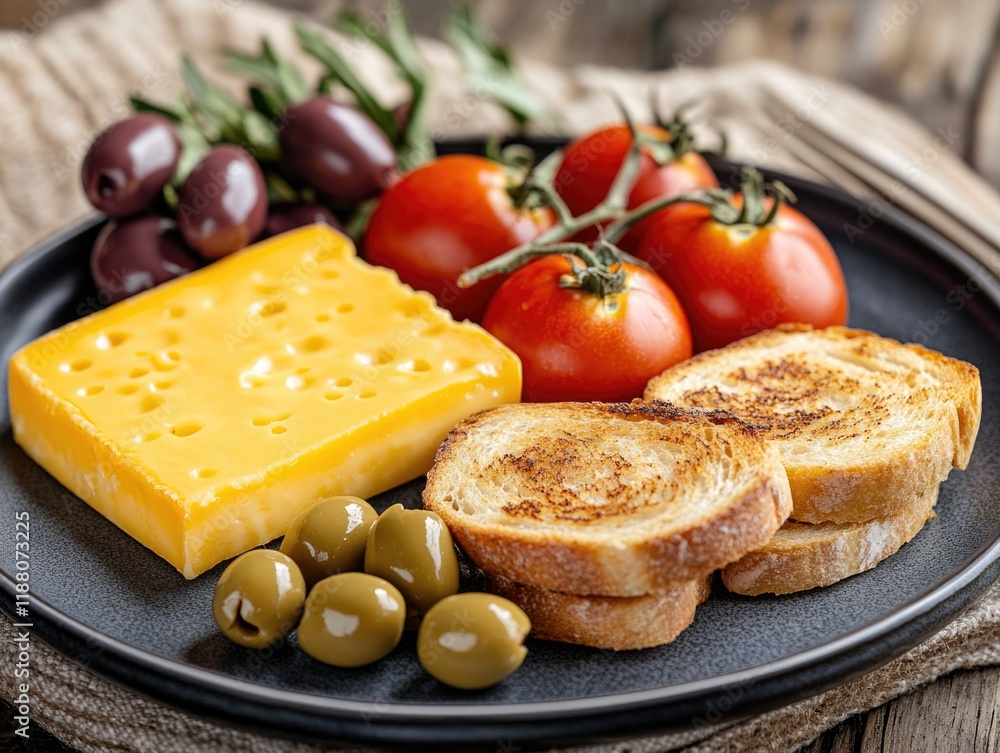 Plate of food with a slice of cheese, a slice of bread, and a few slices of tomato and olives Plate of food with a slice of cheese, a slice of bread, and a few slices of tomato and olives
