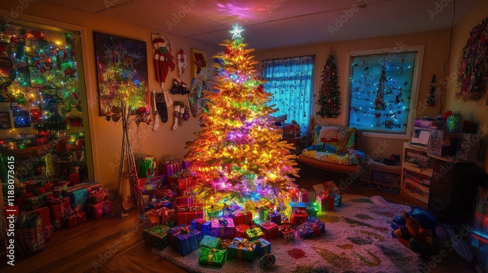 Fototapeta premium A festive living room with a Christmas tree glowing in warm lights, surrounded by a pile of colorful presents, ready for family celebrations.