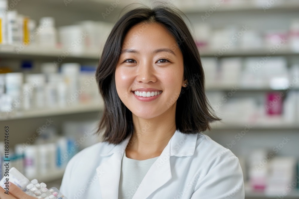 Smiling Pharmacist in White Coat Standing in Pharmacy Aisle with Medicine Display Smiling Pharmacist in White Coat Standing in Pharmacy Aisle with Medicine Display