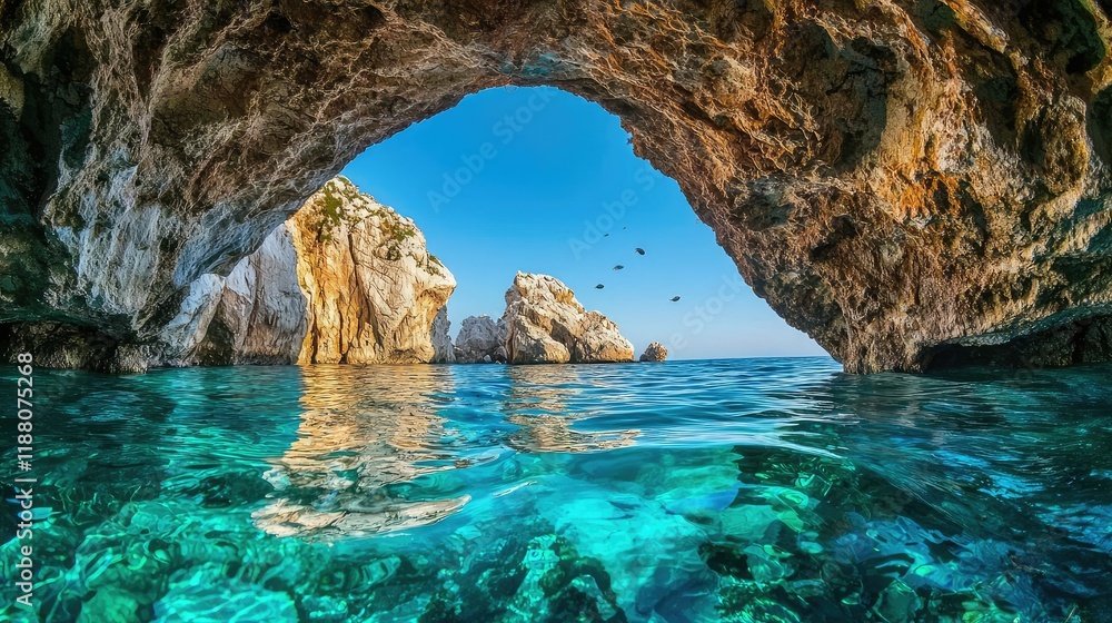 Naklejka premium Serene Seascape Through Natural Arch with Crystal Clear Water