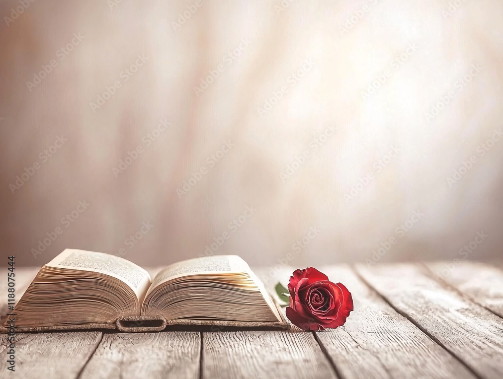 A single red rose lying on an open book, soft lighting with a romantic vignette, perfect for storytelling or Valentine's Day themes, copyspace included