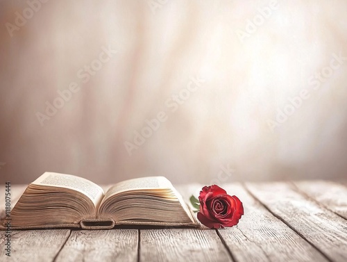 Obraz na płótnie A single red rose lying on an open book, soft lighting with a romantic vignette, perfect for storytelling or Valentine's Day themes, copyspace included w salonie