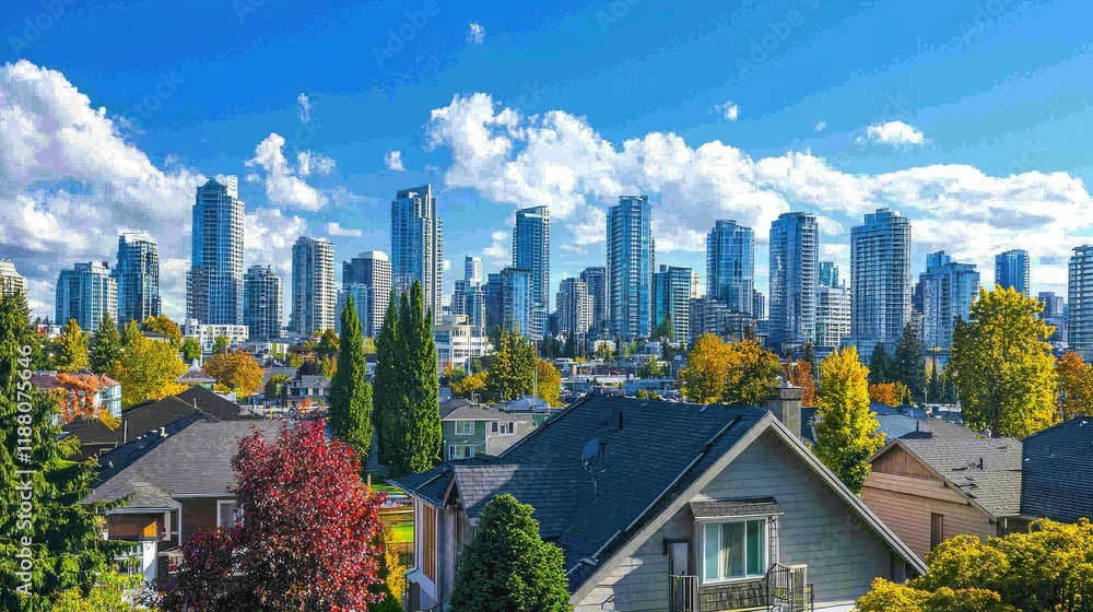 Obraz premium Skyline View of Modern City with Towering Skyscrapers and Trees