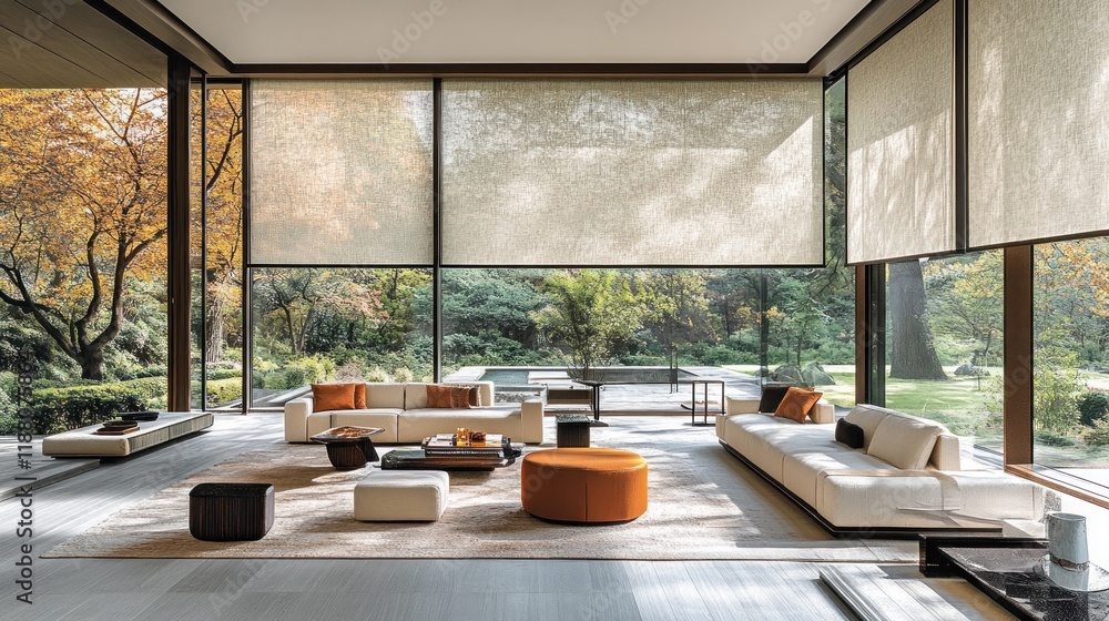 Fototapeta premium Modern living room, garden view, autumn foliage, serene relaxation.