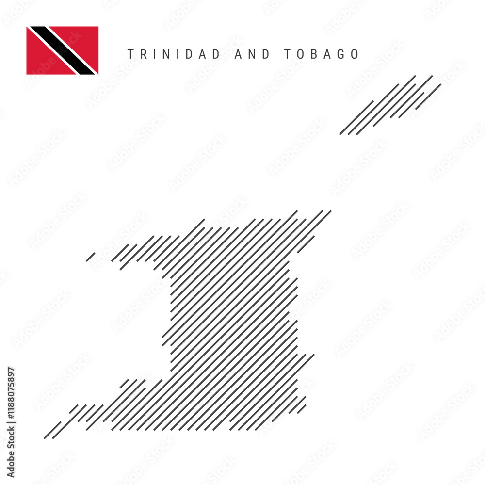 Trinidad and Tobago map from pattern of black slanted parallel lines. Map with gray diagonal lines. Silhouette of a country made of oblique hatching. Vector illustration isolated on white. Trinidad and Tobago map from pattern of black slanted parallel lines. Map with gray diagonal lines. Silhouette of a country made of oblique hatching. Vector illustration isolated on white.