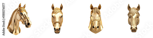 Striking golden horse head sculpture with a minimalist abstract design  This premium art piece symbolizes luxury elegance and high end style  It can be used as an design element in various settings photo