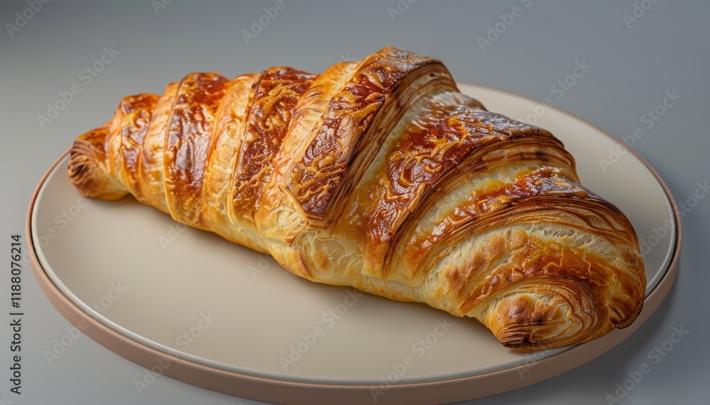 A golden brown croissant on a beige plate with a brown rim against a gray background. A golden brown croissant on a beige plate with a brown rim against a gray background.