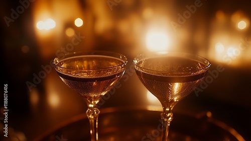 Wallpaper Mural Two champagne coupes on a tray, warm candlelight background. Torontodigital.ca