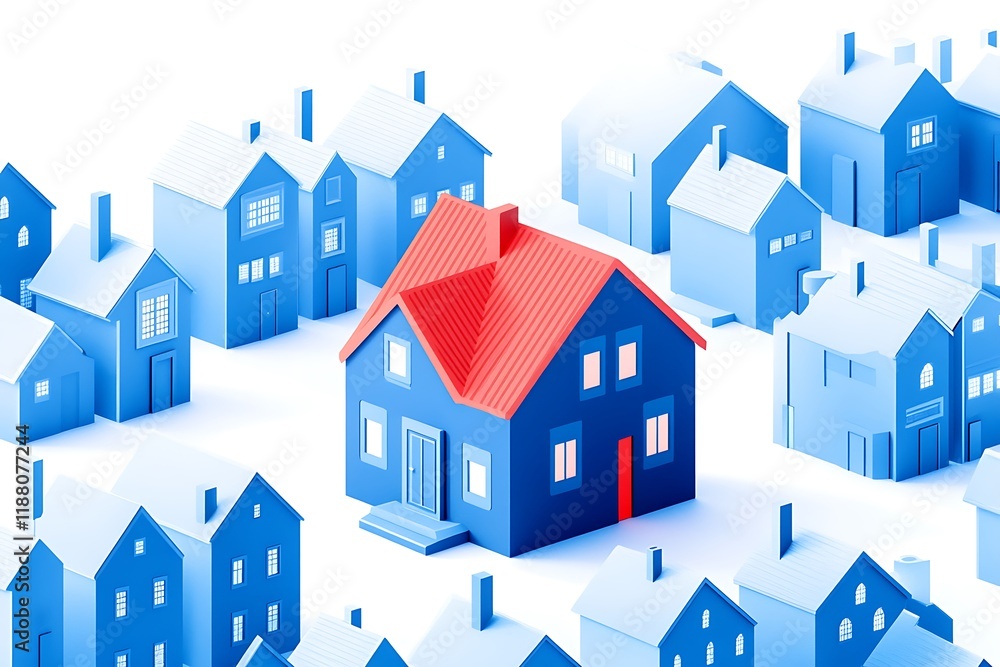 a mortgage red house construction among white houses. isometric red house among white houses. 3d render a mortgage red house construction among white houses. isometric red house among white houses. 3d render