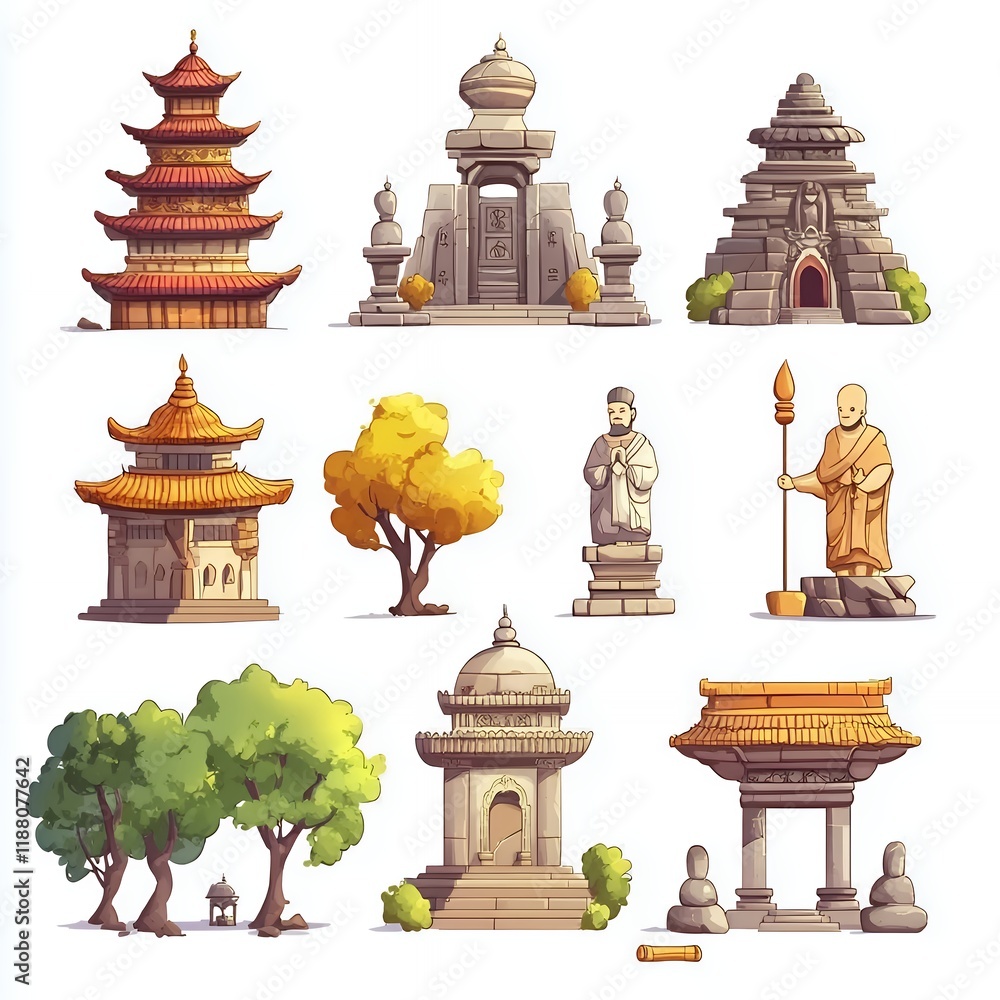 Obraz premium Asian Temple Architecture Game Assets Pagodas Statues Trees