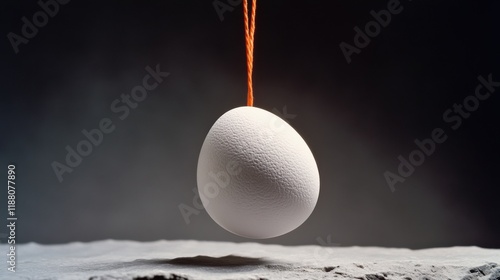 close up studio photography of a white egg placed directly under a hanging rock on a black to white gradient background, the rock is suspended by a very thin orange rope above the egg, if the rock dro photo