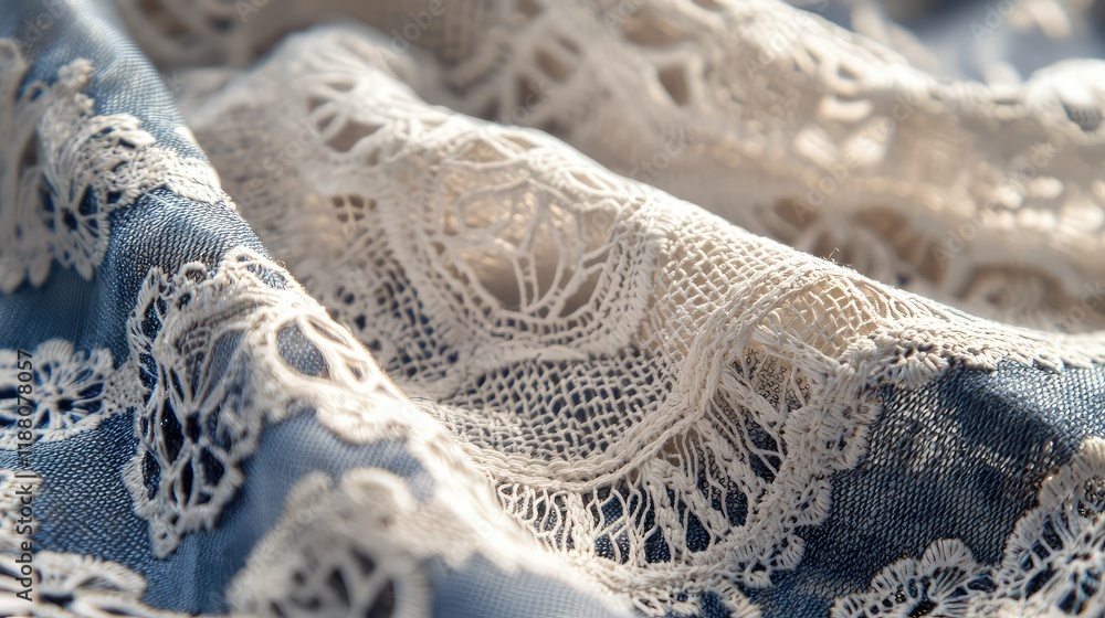 Obraz premium Textured Lace on Denim Fabric Creating Elegant Softness