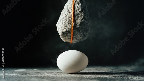 close up studio photography of a white egg placed directly under a hanging rock on a black to white gradient background, the rock is suspended by a very thin orange rope above the egg, if the rock dro photo