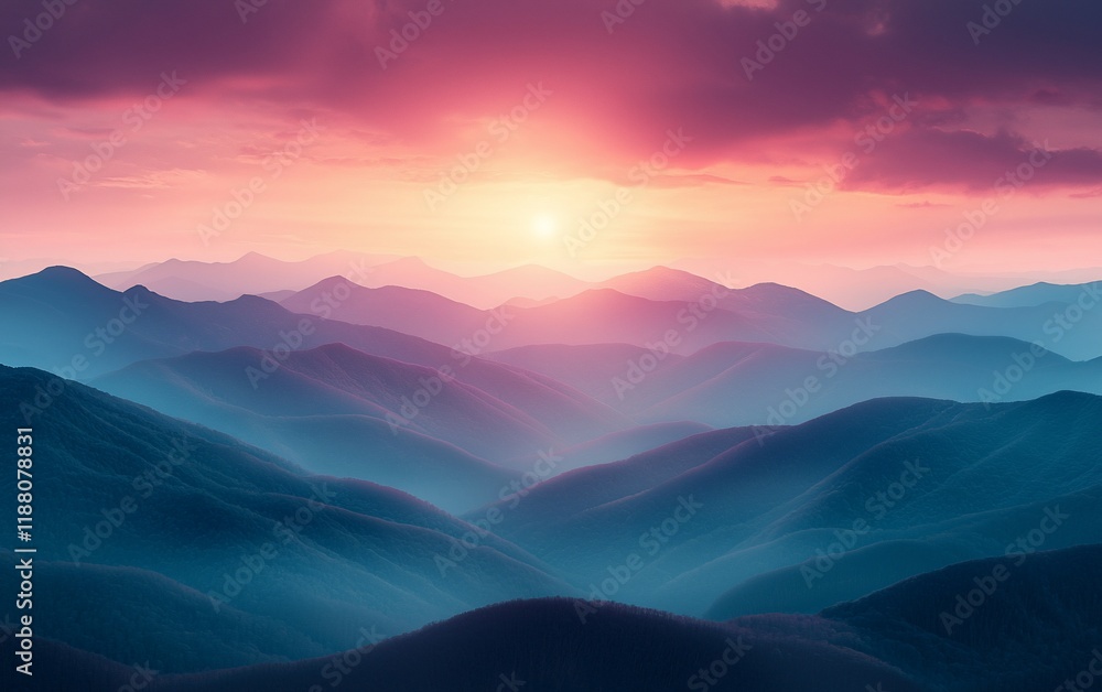 Vibrant sunset over a vast, misty mountain range. Vibrant sunset over a vast, misty mountain range.