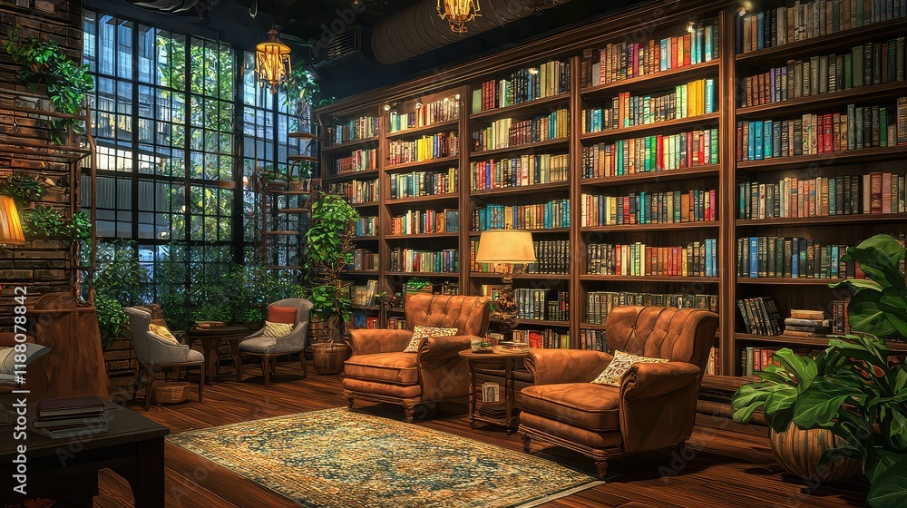 Cozy Reading Nook with Bookshelves and Indoor Plants in Warm Lighting Cozy Reading Nook with Bookshelves and Indoor Plants in Warm Lighting