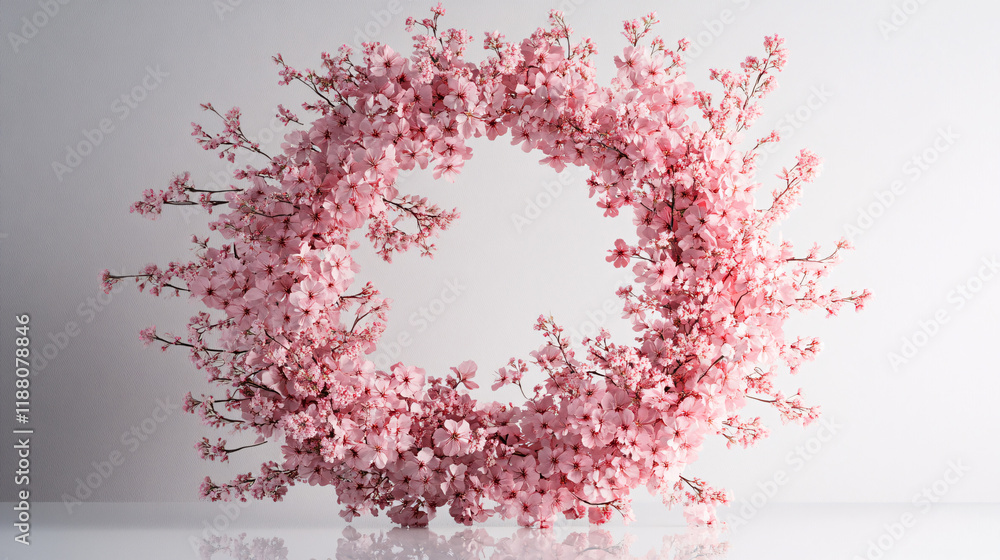pink cherry blossom wreath spring floral arrangement circle frame background pink cherry blossom wreath spring floral arrangement circle frame background