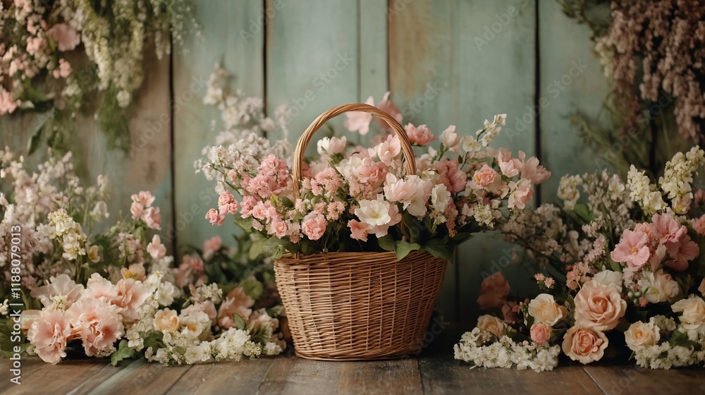 Wicker basket overflowing with pink and white flowers against a rustic wooden background. Wicker basket overflowing with pink and white flowers against a rustic wooden background.